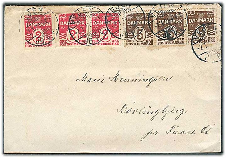 5 øre Bølgelinie (3) og 2 øre helsagsafklip (3) på brev stemplet Vejen JB.P.E. d. 7.1.1924 til Bøvlingbjerg pr. Faare St.