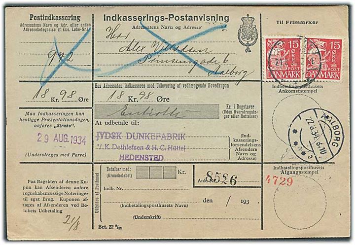 15 øre Karavel (2) på retur indkasserings-postanvisning annulleret med brotype Ia Hedensted d. 21.8.1934 til Aalborg. Sen anvendelse af brotype Ia - ca. 5 mdr. senere end reg. hos Vagn Jensen.