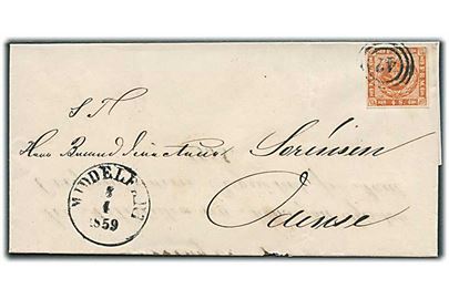 4 sk. 1858 udg. på brev annulleret med nr.stempel 42 og sidestemplet antiqua Middelfart d. 8.4.1859 til Odense.