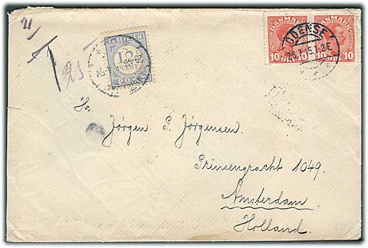 10 øre Chr. X i parstykke på underfrankeret brev fra Odense d. 26.7.1915 til Amsterdam, Holland. Udtakseret i porto med hollandsk 12½ cents Portomærke stemplet Amsterdam. 