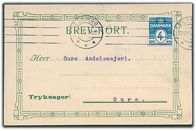 4 øre Bølgelinie på brevkort sendt som tryksag fra Esbjerg d. 13.12.1915 til Oure.