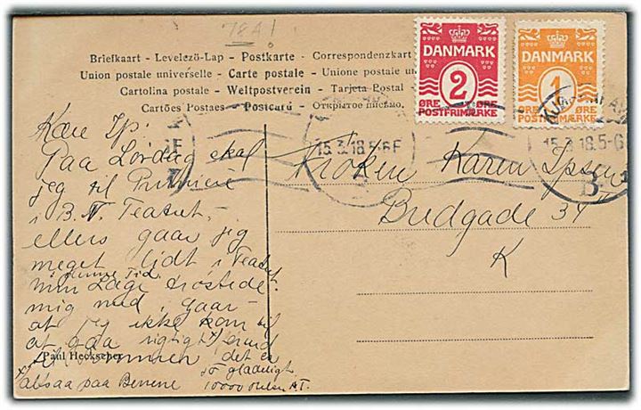 1 øre og 2 øre (vm. III) Bølgelinie på lokalt brevkort i Kjøbenhavn d. 15.3.1918.