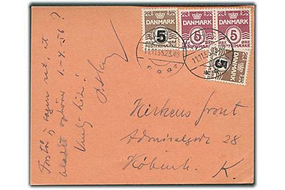 5 øre Bølgelinie (2) og 5/7 øre Provisorium (2) på brevkort fra Aarhus d. 11.11.1955 til København.