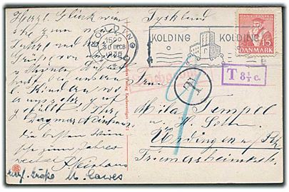 15 øre Tavsen (rift) på underfrankeret brevkort fra Kolding d. 30.12.1936 til Tyskland. Violet portostempel T 8 1/3 c..