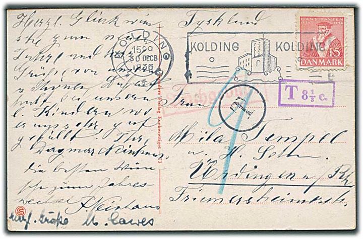 15 øre Tavsen (rift) på underfrankeret brevkort fra Kolding d. 30.12.1936 til Tyskland. Violet portostempel T 8 1/3 c..