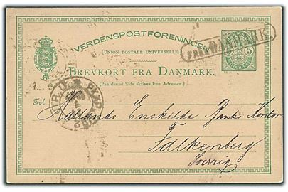 5 øre Våben helsagsbrevkort fra Kjøbenhavn annulleret med svensk skibsstempel Från Danmark og sidestemplet PKXP. No. 2 d. 21.1.1887 til Falkenberg, Sverige.