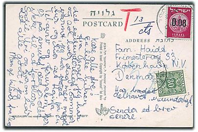 Israelsk 0.08 på underfrankeret brevkort fra Jerusalem ca. 1960 til København, Danmark. Udtakseret i porto med 30 øre Portomærke stemplet København. 