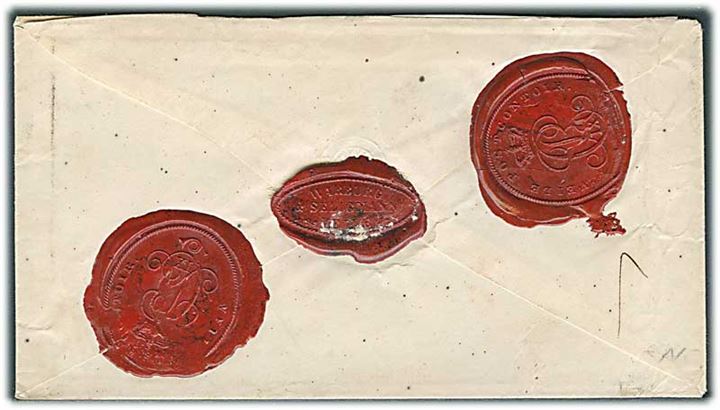 1865. Ufrankeret pengebrev med antiqua Veile d. 1.7.1865 til Fredericia. På bagsiden 2 laksegl fra Veile Postcomtoir. Påskrevet 14 skilling porto.