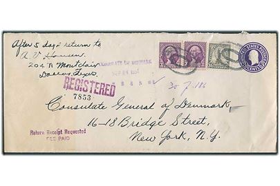 3 cents helsagskuvert opfrankeret med 3 cents (2) og 15 cents sendt anbefalet med modtagelsesbevis fra Dallas d. 20.9.1934 til det danske generalkonsulat i New York.