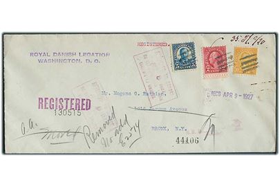 2 cents, 5 cents og 10 cents på anbefalet brev fra Danish Legation i Washington DC d. 31.3.1927 til Bronx. Retur som ubekendt.