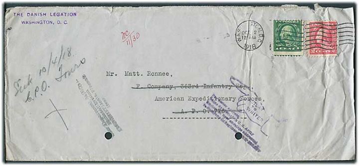 3 cents på brev fra Danske Legation i Washington d. 2.10.1918 til soldat ved F. Coy, 363rd Infantry Reg. American Expeditionary Forces APO 776 i Frankrig. Retur med flere stempler. 2 arkiv huller.