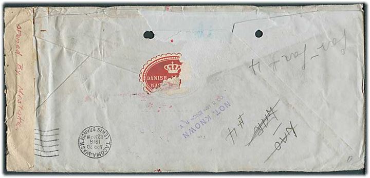Ufrankeret brev fra Danish Legation i Washington DC d. 8.4.1919 til soldat i Camp Lewis, Washington. Forsøgt flere gange og åbnet ved en fejltagelse. Retur som ubekendt. 2 arkiv huller.
