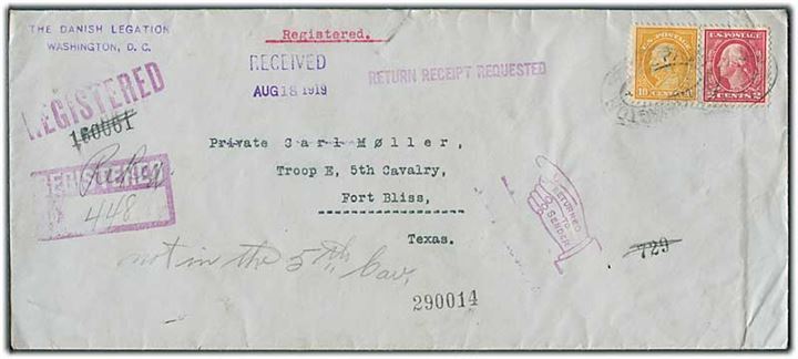 12 cents på anbefalet brev med modtagelsesbevis fra The Danish Legation i Washington DC d. 7.8.1919 til soldat i 5th Cavalry, Fort Bliss, Texas. Retur som ubekendt.