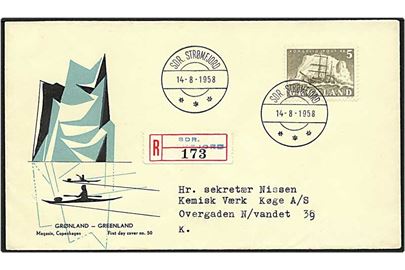 5 kr. grå Gustav Holm på brev fra Sdr. Strømfjord d. 14.8.1958 til København. 
