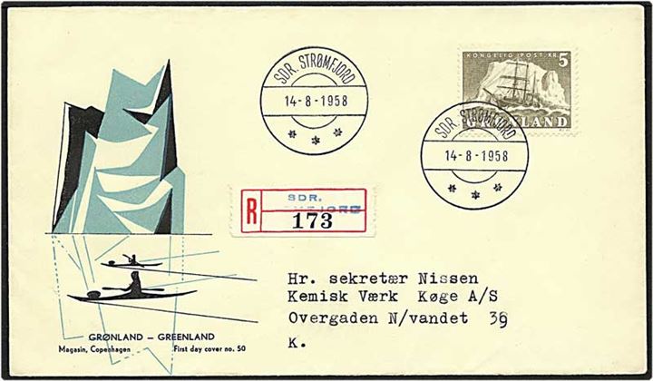 5 kr. grå Gustav Holm på brev fra Sdr. Strømfjord d. 14.8.1958 til København. 