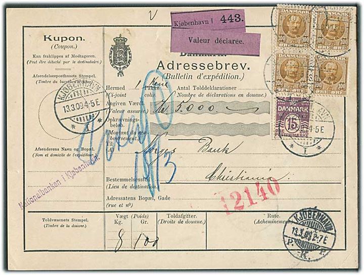 15 øre Bølgelinie og 100 øre Fr. VIII i fireblok på internationalt adressekort for værdipakke fra Kjøbenhavn d. 13.3.1909 til Christiania, Norge.