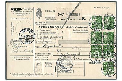 10 øre Bølgelinie (3) og 40 øre Karavel (4) på 1,90 kr. frankeret internationalt adressekort for pakke fra København d. 3.9.1929 til Reykjavik, Island. Ank.stemplet Reykjavik d. 16.9.1929.