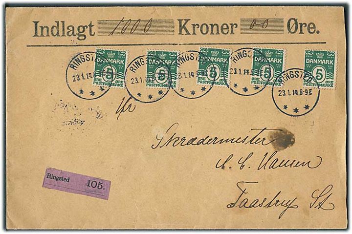 5 øre Bølgelinie (5) på værdibrev fra Ringsted d. 23.1.1914 til Taastrup St.