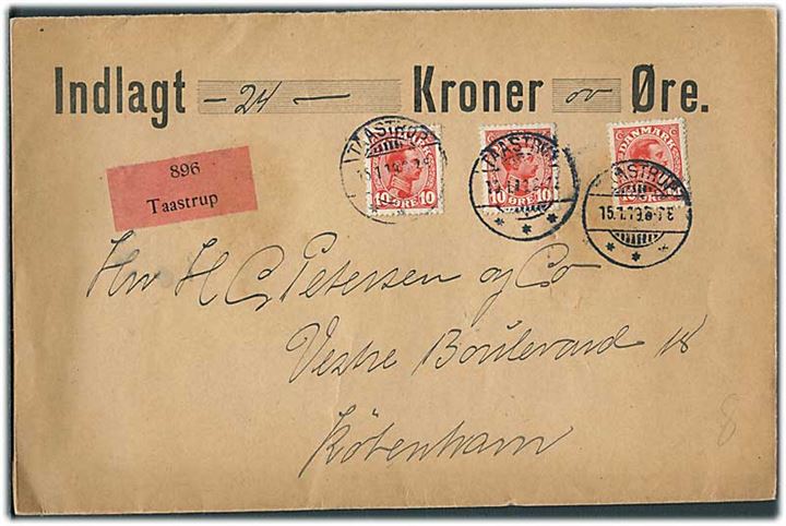 10 øre Chr. X (3) på værdibrev fra Taastrup d. 15.1.1919 til København.