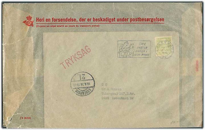 70 øre Bølgelinie single på tryksag fra København d. 10.6.1978. I lagt kuvert J 6 (6-66) Heri en forsendelse, der er beskadiget under postbesørgelsen.