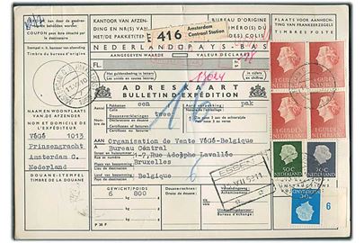 20 c., 50 c., 70 c. og 1 gylden (fireblok) Wilhelmina på internationalt adressekort for pakke fra Amsterdam d. 11.7.1959 til Bruxelles, Belgien.