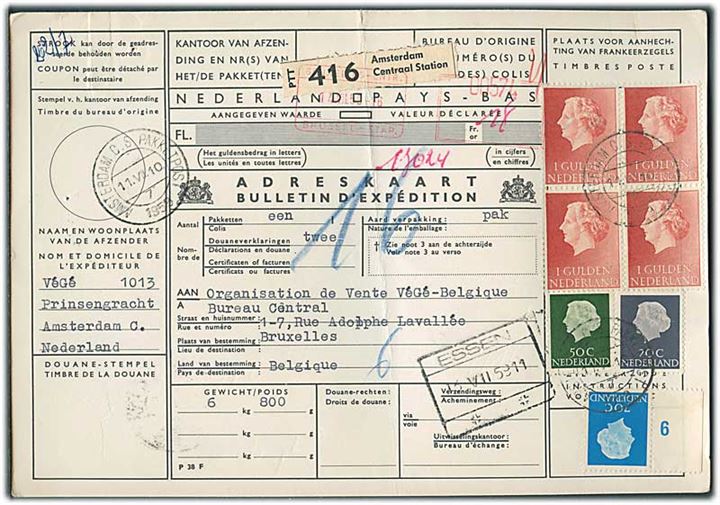 20 c., 50 c., 70 c. og 1 gylden (fireblok) Wilhelmina på internationalt adressekort for pakke fra Amsterdam d. 11.7.1959 til Bruxelles, Belgien.