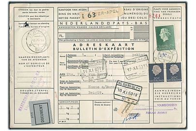 20 c. (2) og 2 gylden Wilhelmina på internationalt adressekort for pakke fra Tier-Apel d. 9.11.1960 til Hamme, Belgien.