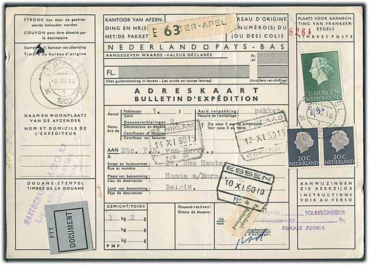20 c. (2) og 2 gylden Wilhelmina på internationalt adressekort for pakke fra Tier-Apel d. 9.11.1960 til Hamme, Belgien.