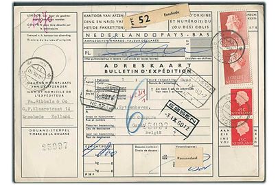 45 c. (parstykke) og 1 gylden (parstykke) Wilhelmina på internationalt adressekort for pakke fra Enschede d. 2.9.1960 til Gent, Belgien. 