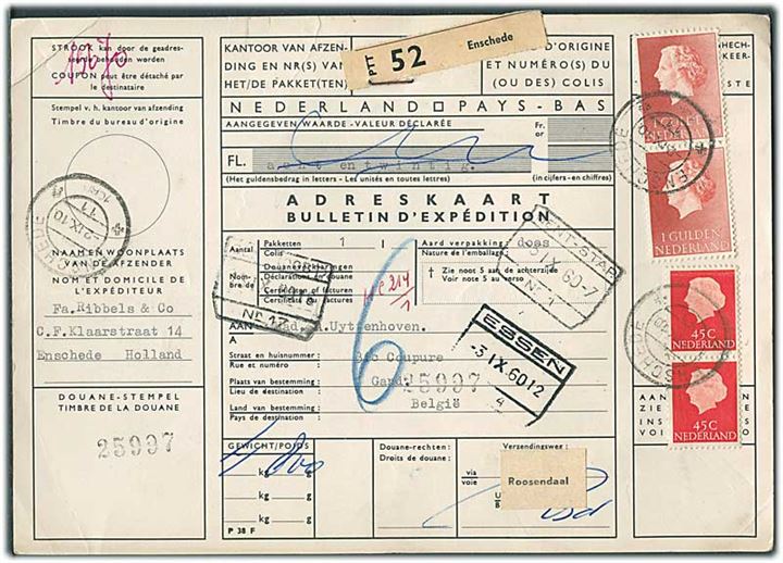 45 c. (parstykke) og 1 gylden (parstykke) Wilhelmina på internationalt adressekort for pakke fra Enschede d. 2.9.1960 til Gent, Belgien. 