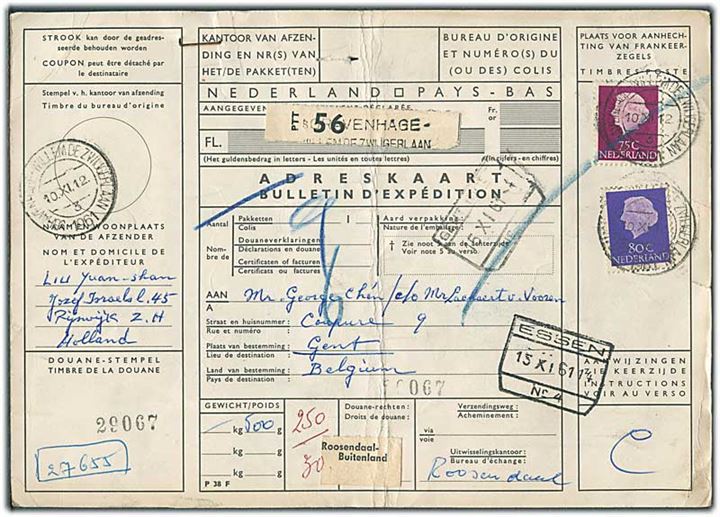 75 c. og 80 c. Wilhelmina på internationalt adressekort for pakke fra sGravenhage d. 10.11.1961 til Gent, Belgien. Fold.