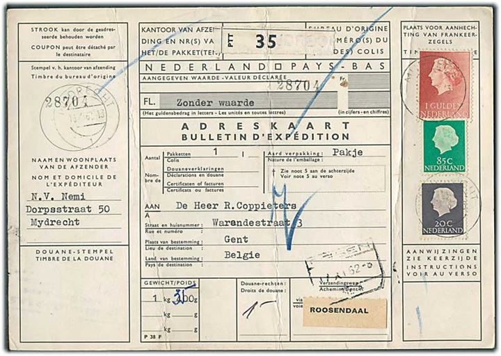 20 c., 85 c. og 1 gylden Wilhelmina på internationalt adressekort for pakke fra Mydrecht d. 13.11.1962 til Gent, Belgien. 