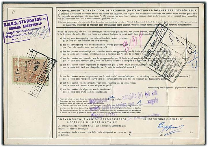 20 c., 85 c. og 1 gylden Wilhelmina på internationalt adressekort for pakke fra Mydrecht d. 13.11.1962 til Gent, Belgien. 