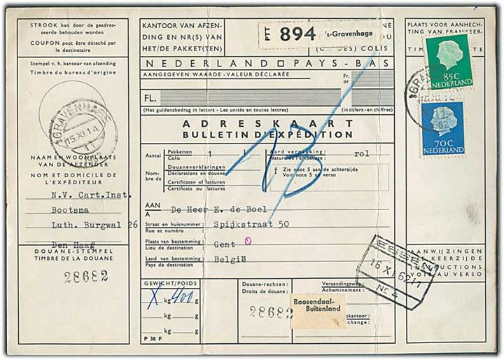 70 c. og 85 c. Wilhelmina på internationalt adressekort for pakke fra sGravenhage d. 15.11.1962 til Gent, Belgien.