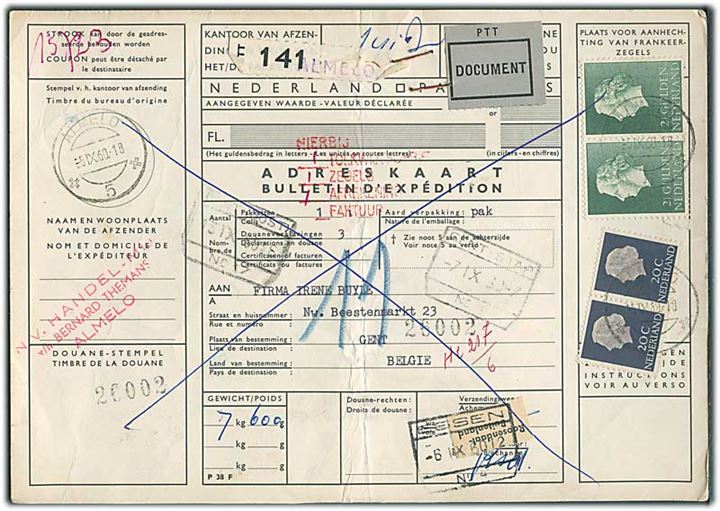 20 c. (par) og 2 gylden (par) Wilhelmina på internationalt adressekort for pakke fra Almelo d. 5.9.1960 til Gent, Belgien.