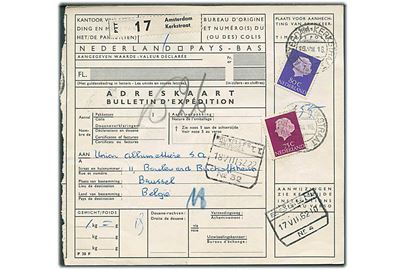 75 c. og 80 c. Wilhelmina på internationalt adressekort for pakke fra Amsterdam d. 16.8.1962 til Bruxelles, Belgien.