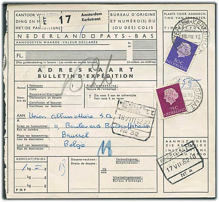 75 c. og 80 c. Wilhelmina på internationalt adressekort for pakke fra Amsterdam d. 16.8.1962 til Bruxelles, Belgien.