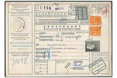 5 c. Ciffer (2) og 5 gylden Wilhelmina på internationalt adressekort for pakke fra Breda d. 25.7.1962 til Bruxelles, Belgien.