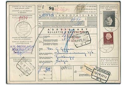 10 c. og 5 gylden Wilhelmina på internationalt adressekort for pakke fra Dokkum d. 25.4.1962 til Gentbrugge, Belgien.