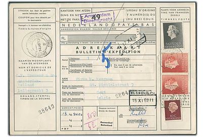 10 c., 1 gylden (2) og 5 gylden Wilhelmina på internationalt adressekort for pakke fra Amsterdam d. 14.11.1962 til Gent, Belgien.