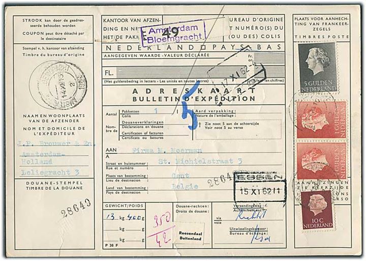 10 c., 1 gylden (2) og 5 gylden Wilhelmina på internationalt adressekort for pakke fra Amsterdam d. 14.11.1962 til Gent, Belgien.
