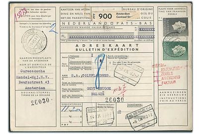 2 gylden og 5 gylden Wilhelmina på internationalt adressekort for pakke fra Amsterdam d. 5.9.1960 til Gent, Belgien.
