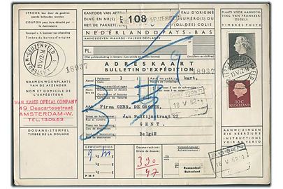 10 c. og 5 gylden Wilhelmina på internationalt adressekort for pakke fra Amsterdam d. 15.5.1962 til Gent, Belgien.