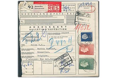 25 c., 1 gylden og 2 gylden Wilhelmina på internationalt adressekort for eksprespakke fra Amsterdam d. 9.8.1962 til Bruxelles, Belgien.