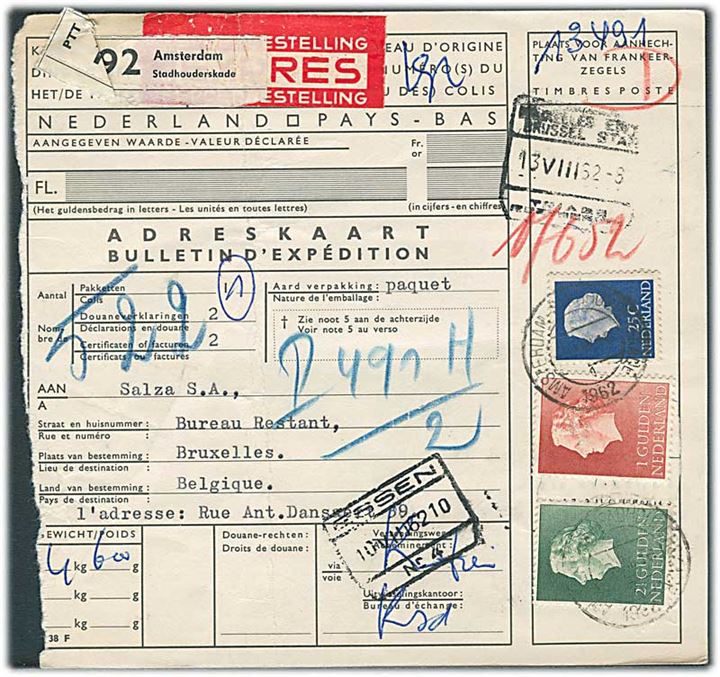 25 c., 1 gylden og 2 gylden Wilhelmina på internationalt adressekort for eksprespakke fra Amsterdam d. 9.8.1962 til Bruxelles, Belgien.