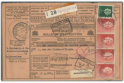 50 c. og 1 gylden (4) Wilhelmina på internationalt adressekort for pakke med opkrævning fra Geldermalsen d. 25.2.1960 til Vrasene-Waas, Belgien.