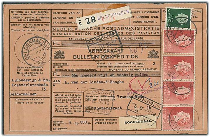 50 c. og 1 gylden (4) Wilhelmina på internationalt adressekort for pakke med opkrævning fra Geldermalsen d. 25.2.1960 til Vrasene-Waas, Belgien.