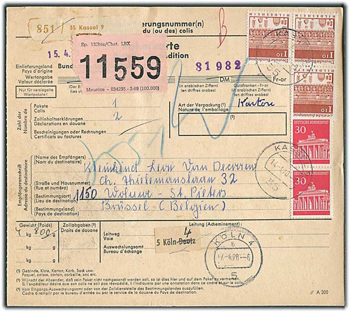 30 pfg. (2) og 1,10 mk. (3) på internationalt adressekort for pakke fra Köln d. 17.4.1970 til Bruxelles, Belgien.