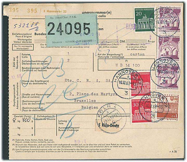 20 pfg., 30 pfg. (2), 1,10 mk og 2 mk. (3) på internationalt adressekort for pakke fra Hannover d. 16.12.1968 til Bruxelles, Belgien.