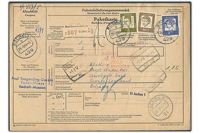5 pfg., 80 pfg. og 1 mk. på internationalt adressekort for pakke fra Bocholt d. 25.3.1964 til Gent, Belgien.